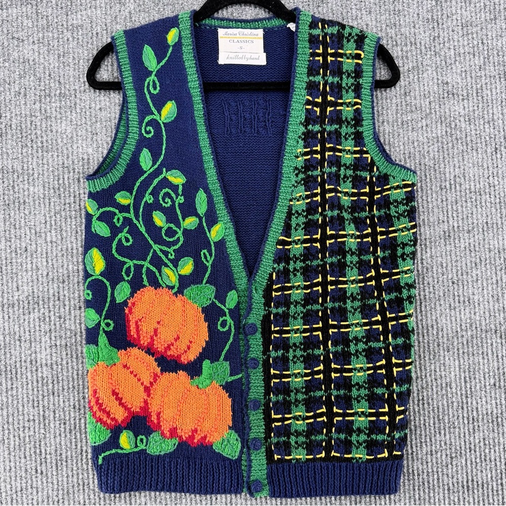 Vintage Pumpkin Sweater Vest Halloween Fall Cottagecore Womens Small Gingham 90s
